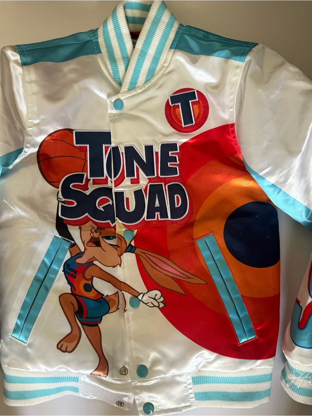 Tune Squad Satin Bomber Jacket in White & Aqua